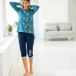 T-shirt met lange mouwen - smaragdgroen met bloemenprint
