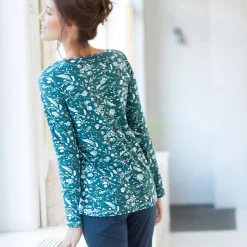 T-shirt met lange mouwen - smaragdgroen met bloemenprint