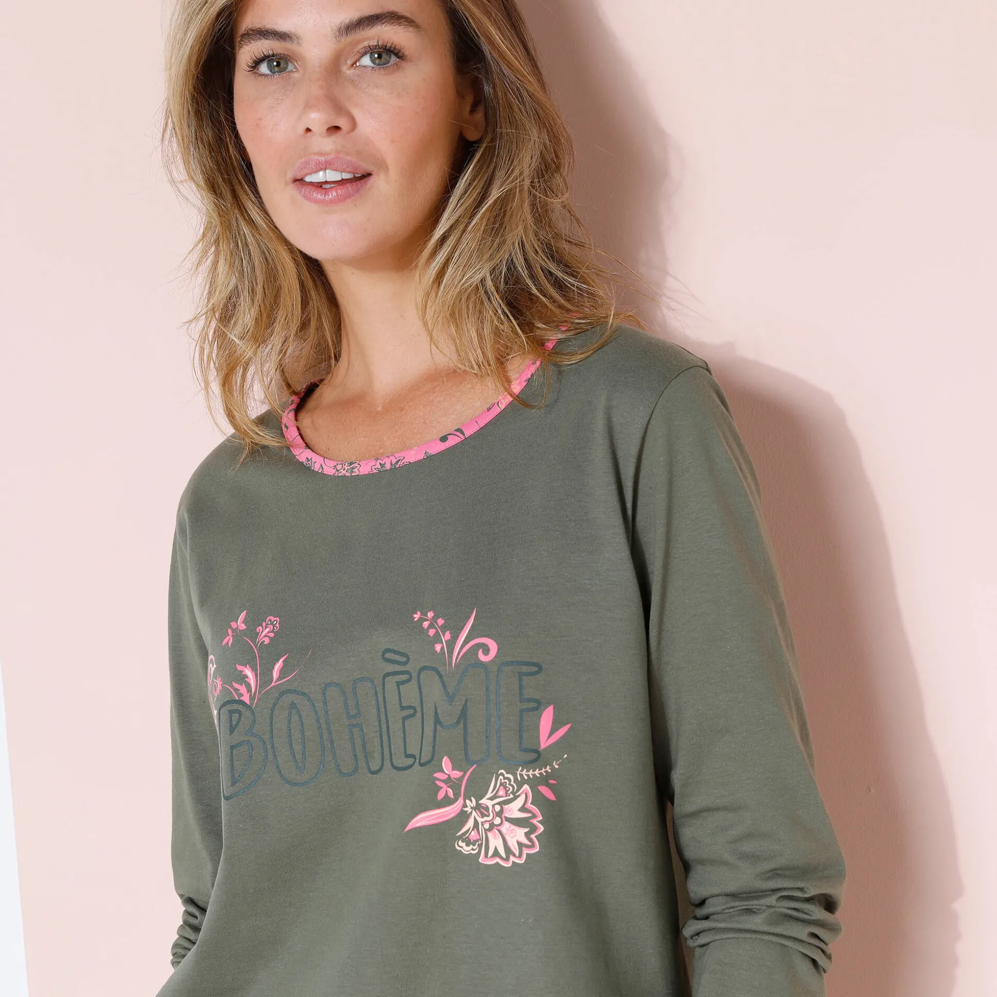 T-shirt met lange mouwen in effen katoen met geplaatste "Bohème" print
