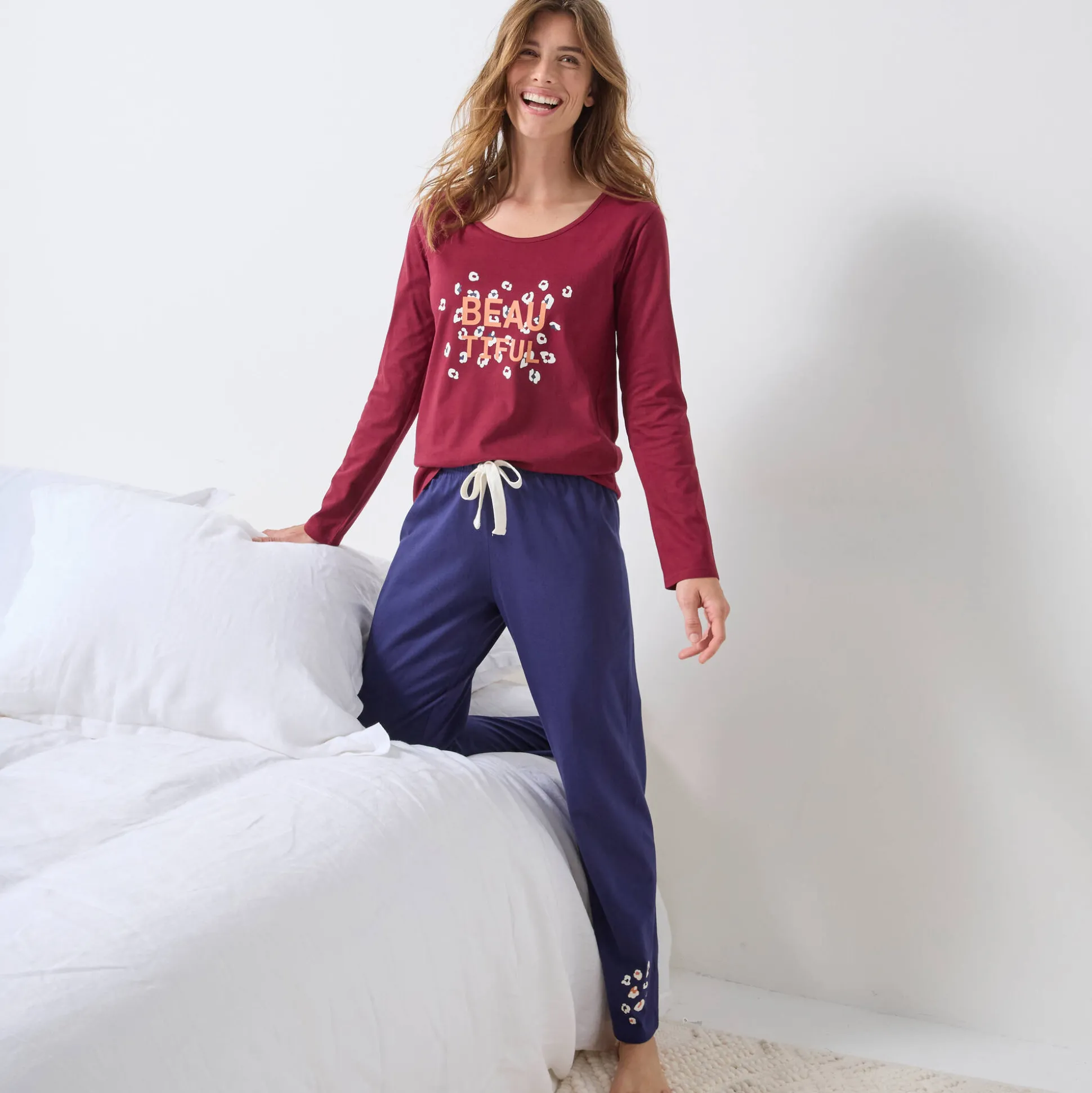T-shirt met lange mouwen in effen katoen geplaatste "Beautiful" print
