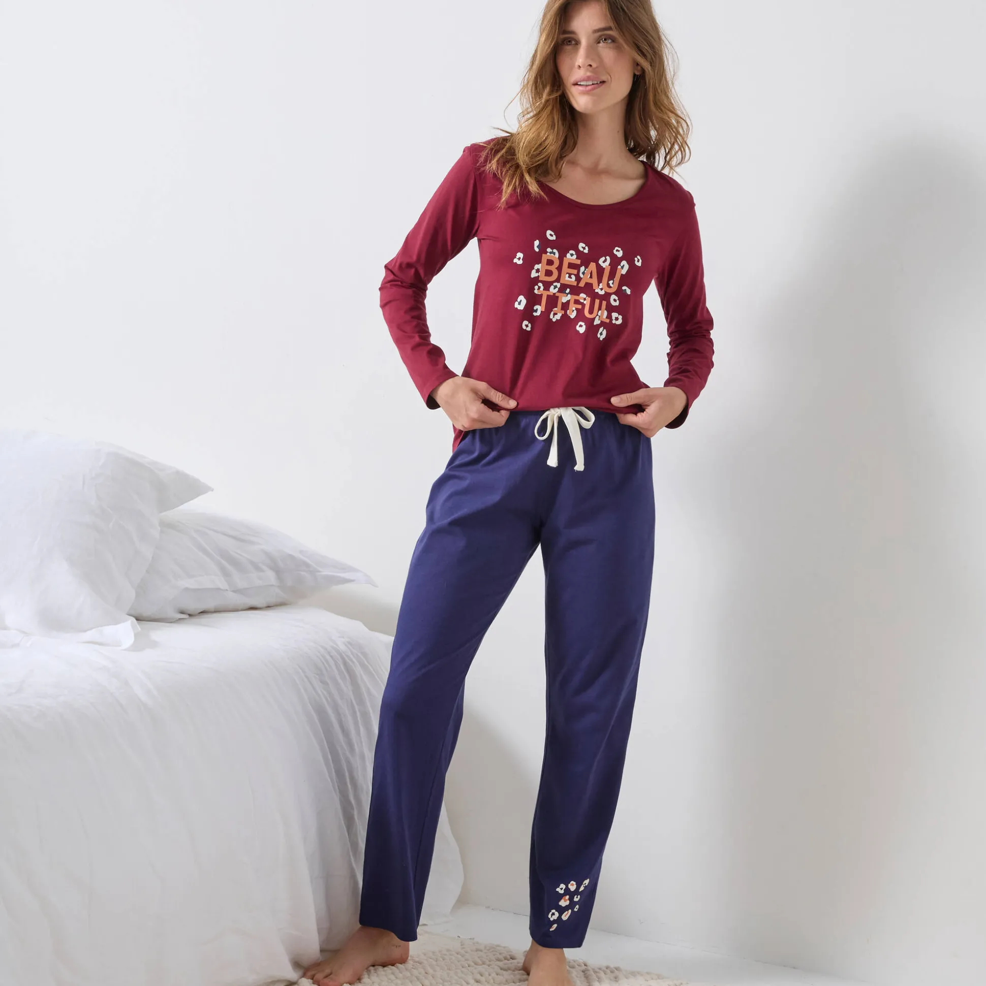 T-shirt met lange mouwen in effen katoen geplaatste "Beautiful" print