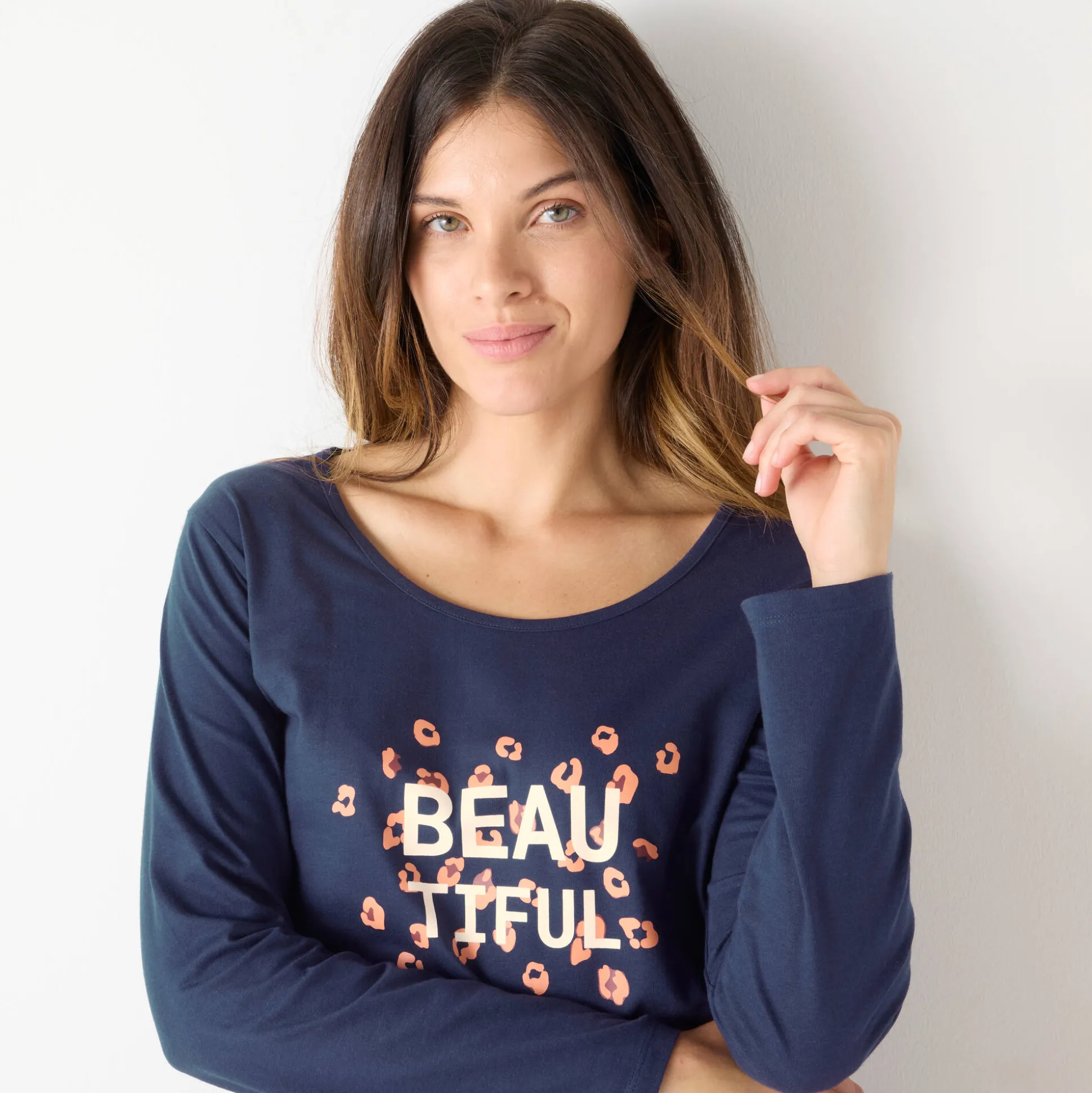 T-shirt met lange mouwen in effen katoen geplaatste "Beautiful" print