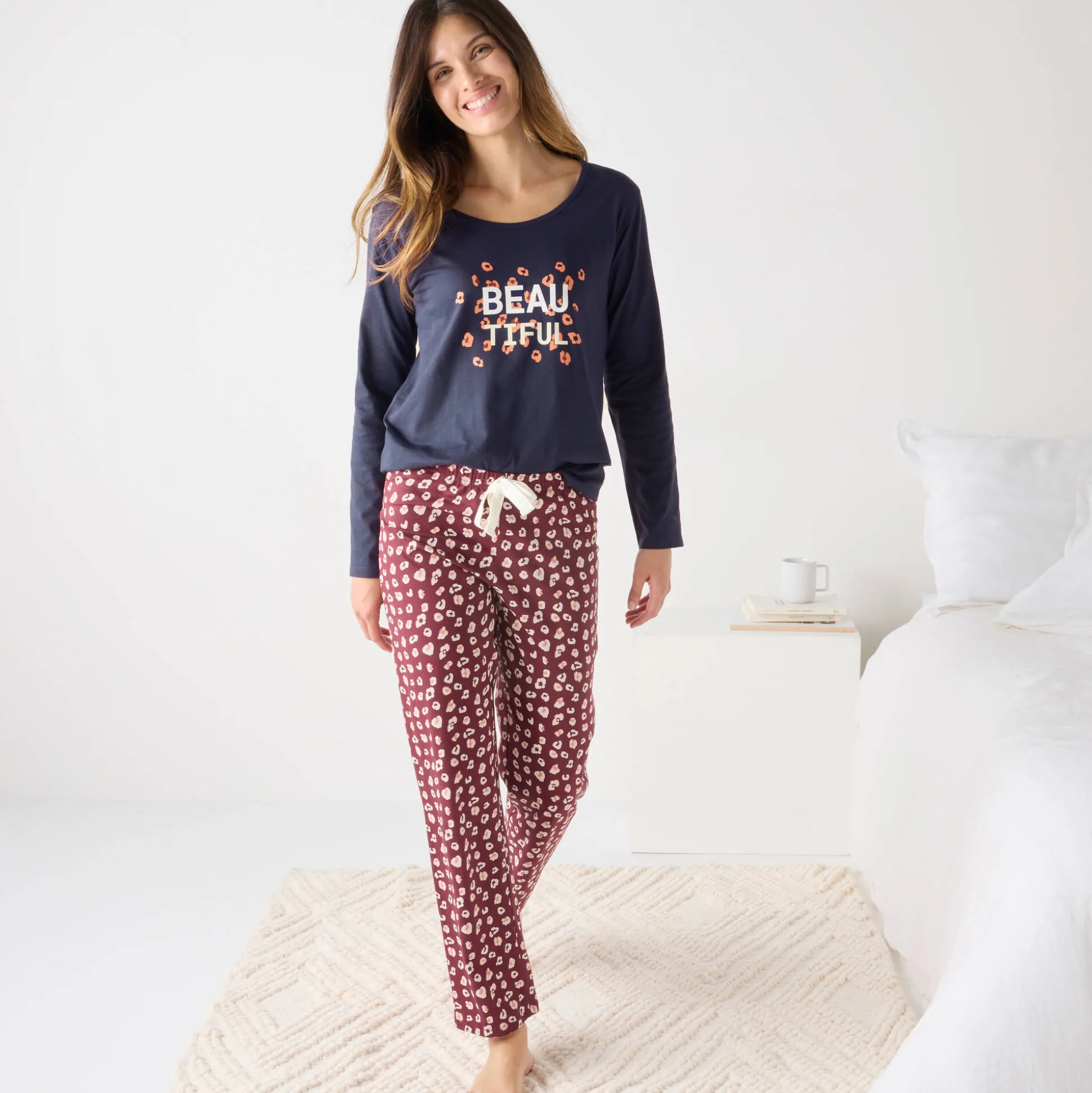 T-shirt met lange mouwen in effen katoen geplaatste "Beautiful" print