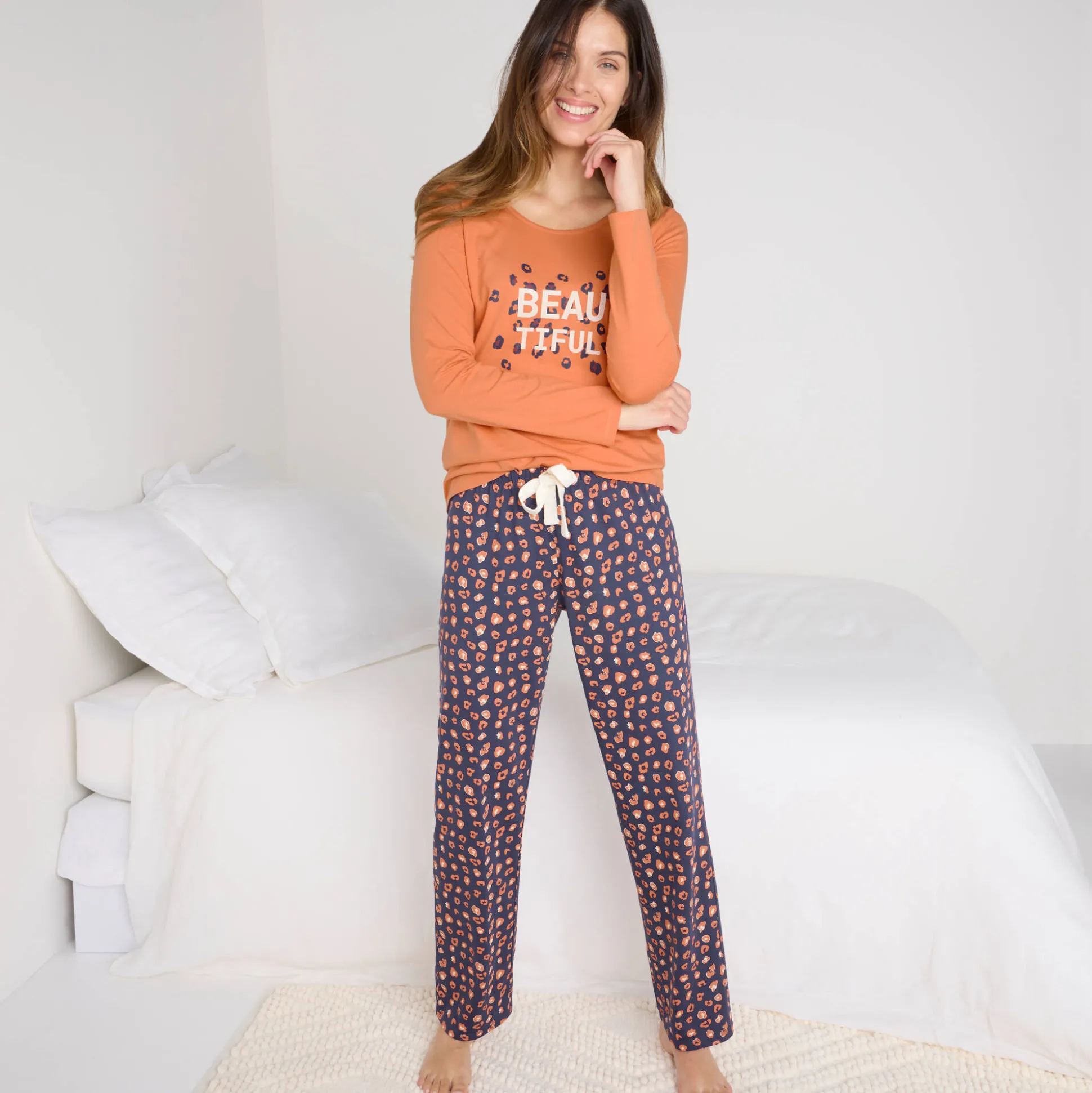 T-shirt met lange mouwen in effen katoen geplaatste "Beautiful" print