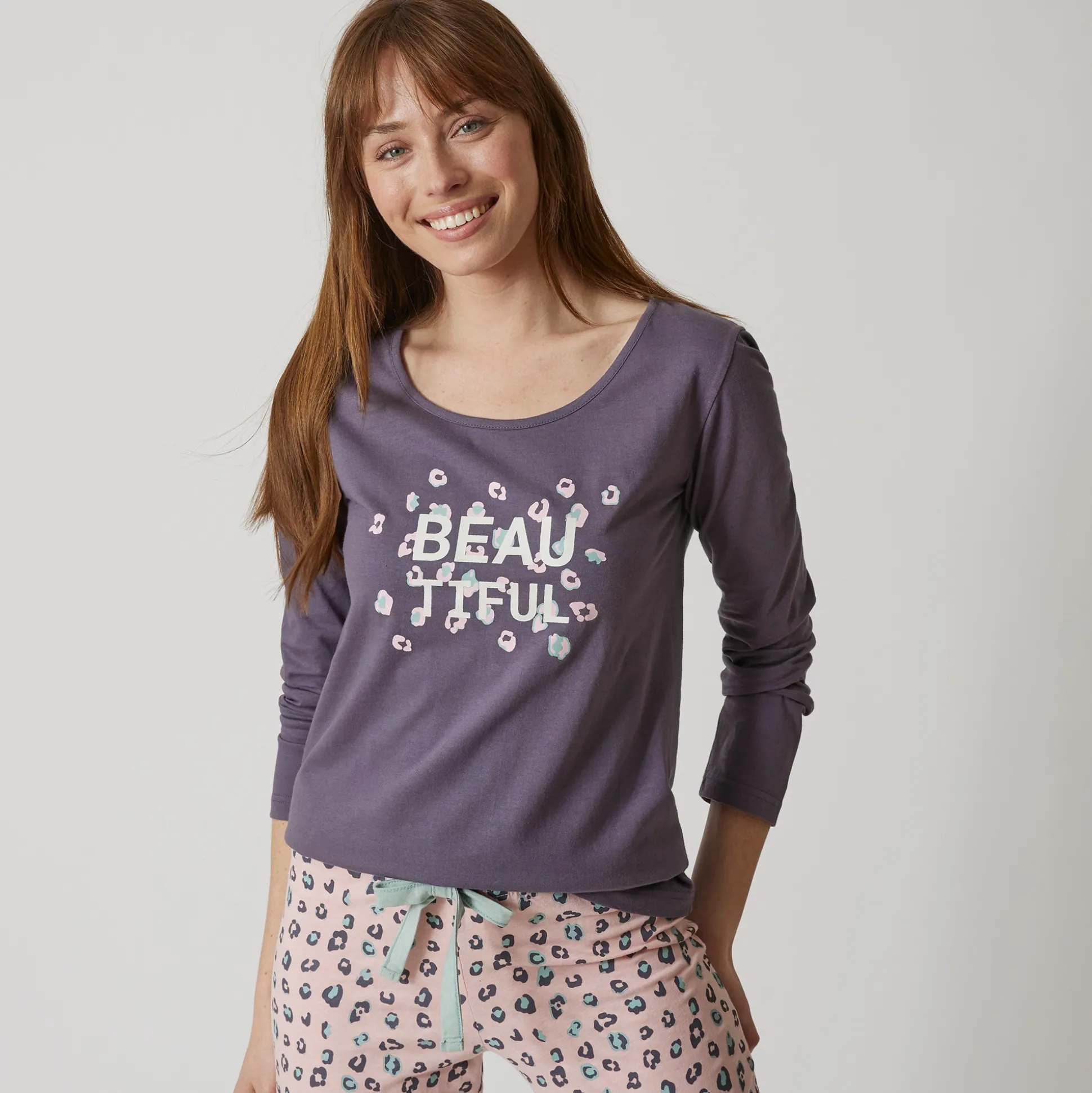 T-shirt met lange mouwen in effen katoen geplaatste "Beautiful" print