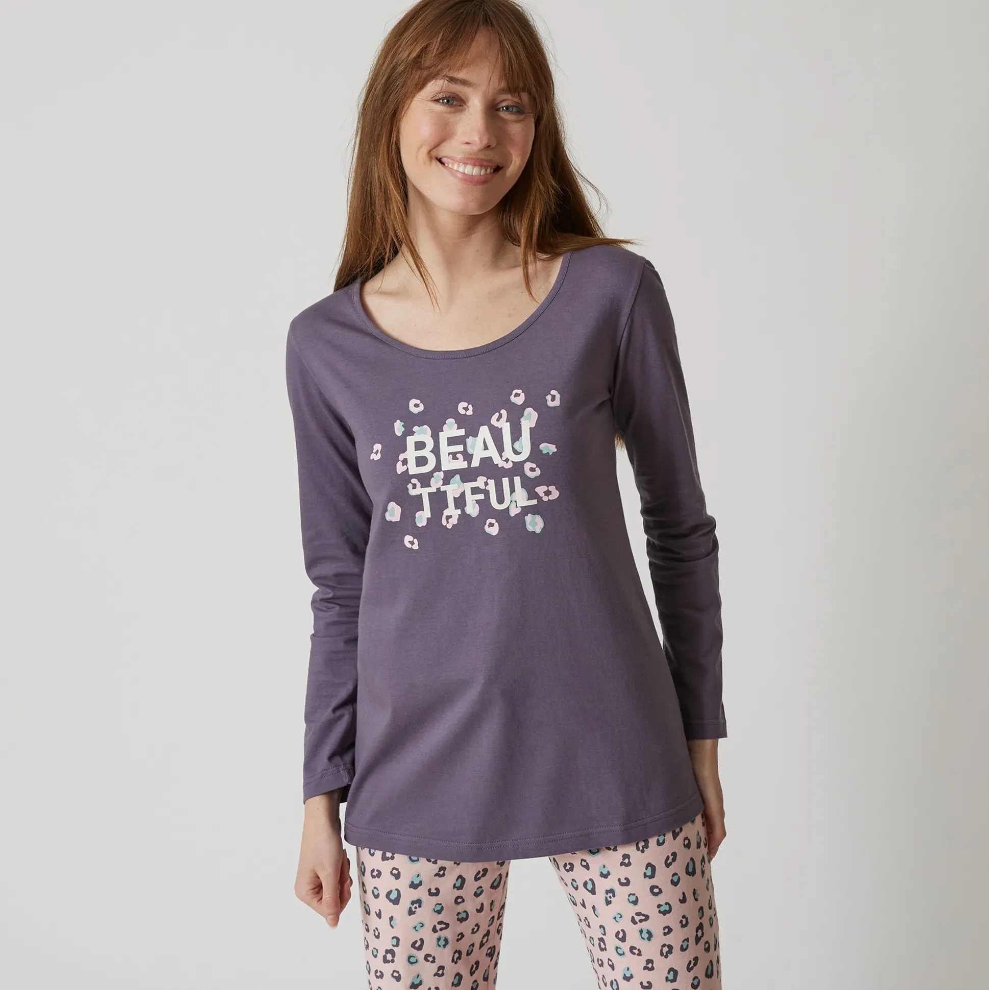 T-shirt met lange mouwen in effen katoen geplaatste "Beautiful" print