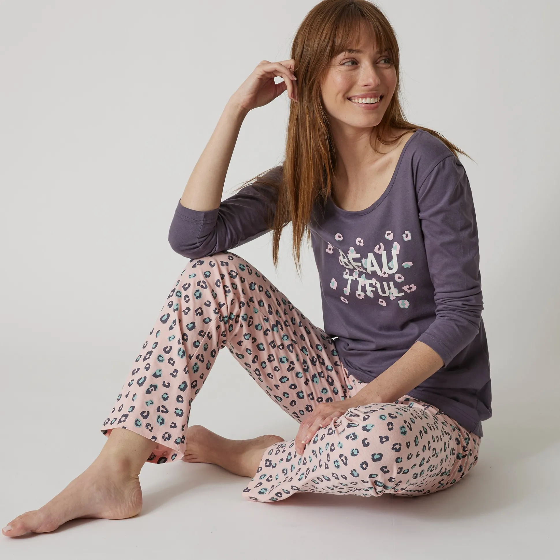 T-shirt met lange mouwen in effen katoen geplaatste "Beautiful" print
