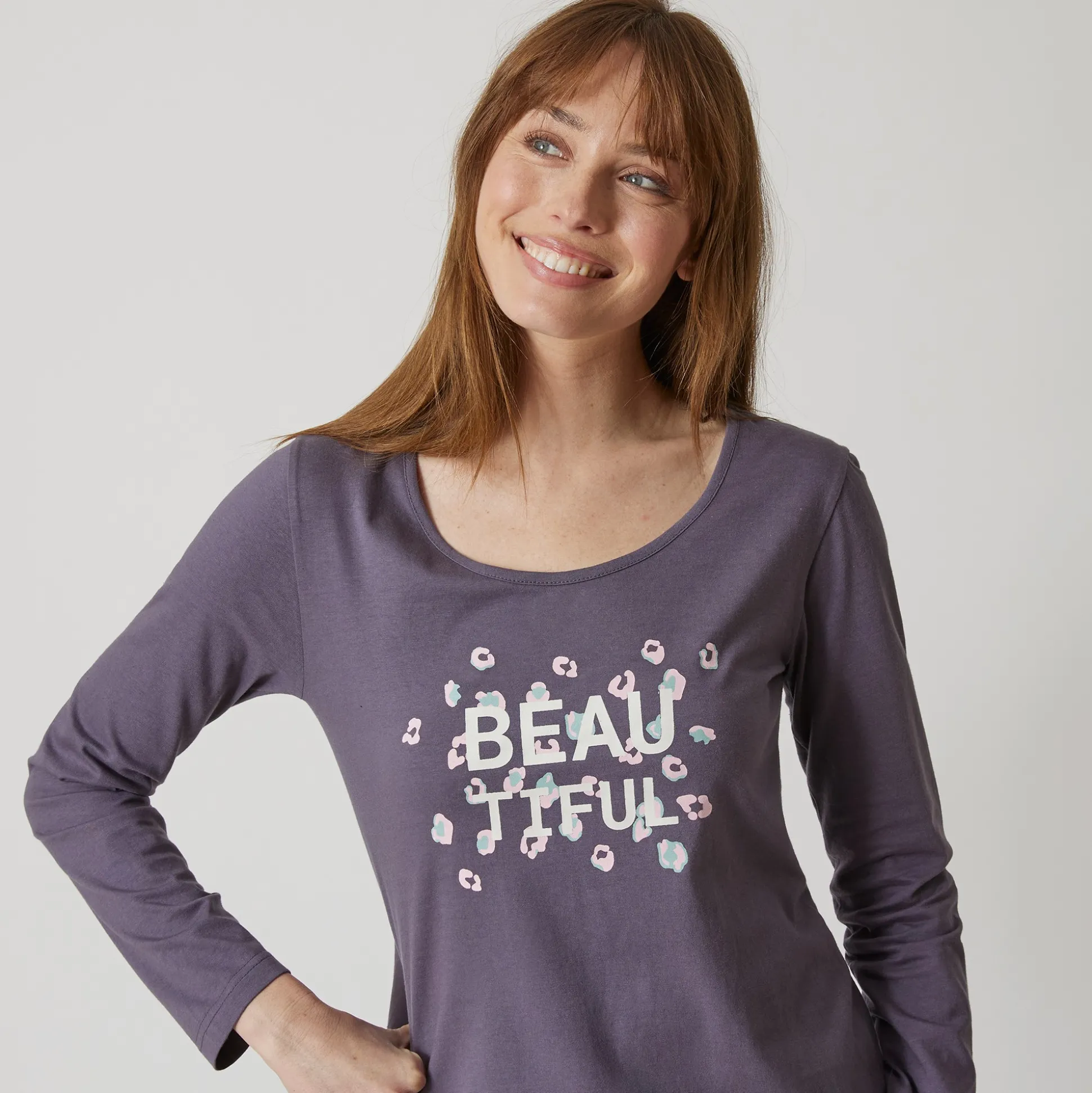 T-shirt met lange mouwen in effen katoen geplaatste "Beautiful" print