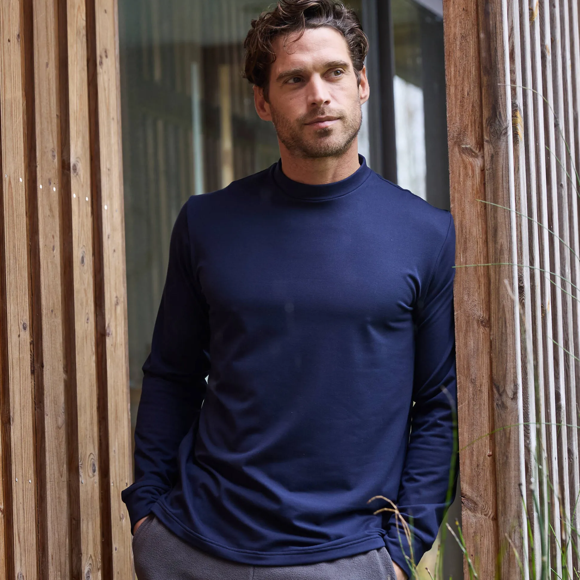 T-shirt met opstaand kraagje, fleece binnenkant