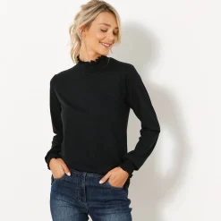 T-shirt met opstaande hals, smokwerk aan de mouwen