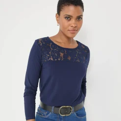 T-shirt met ronde hals en lange mouwen in kant