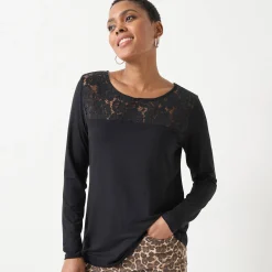 T-shirt met ronde hals en lange mouwen in kant
