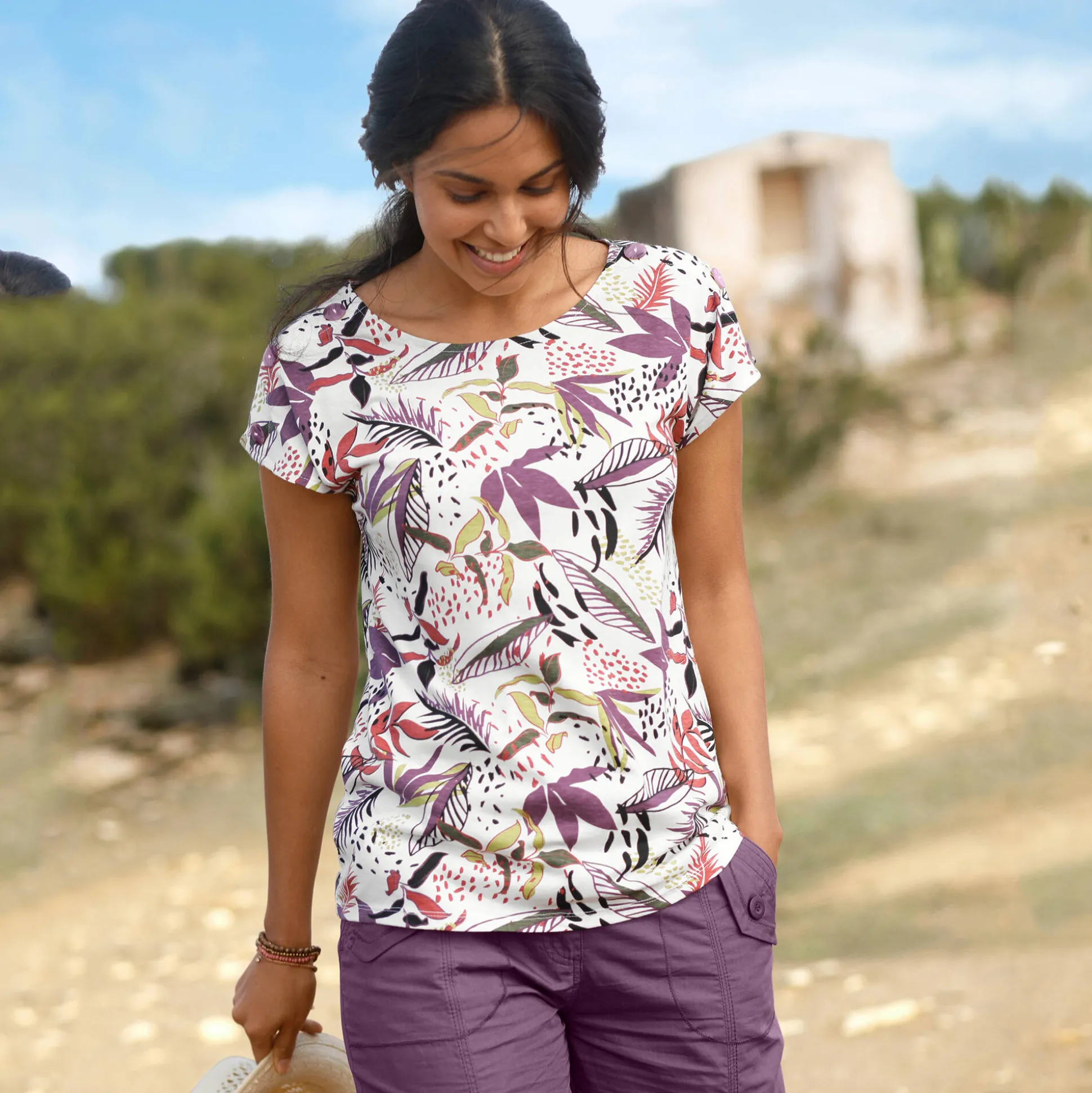 T-shirt met ronde hals en tropische print