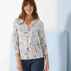 T-shirt met Tunesische hals en lange mouwen, bedrukt