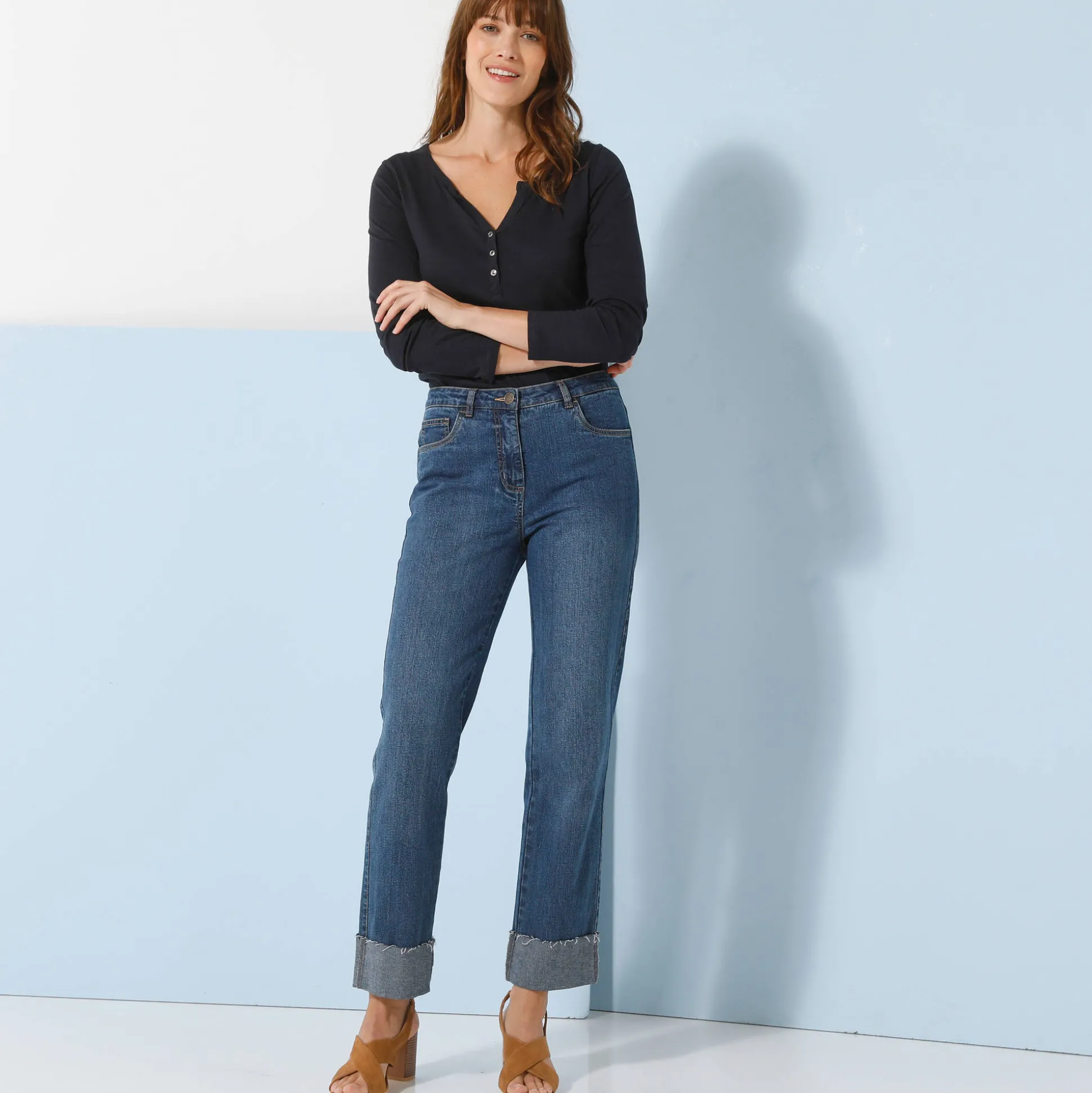 T-shirt met Tunesische hals en lange mouwen, effen