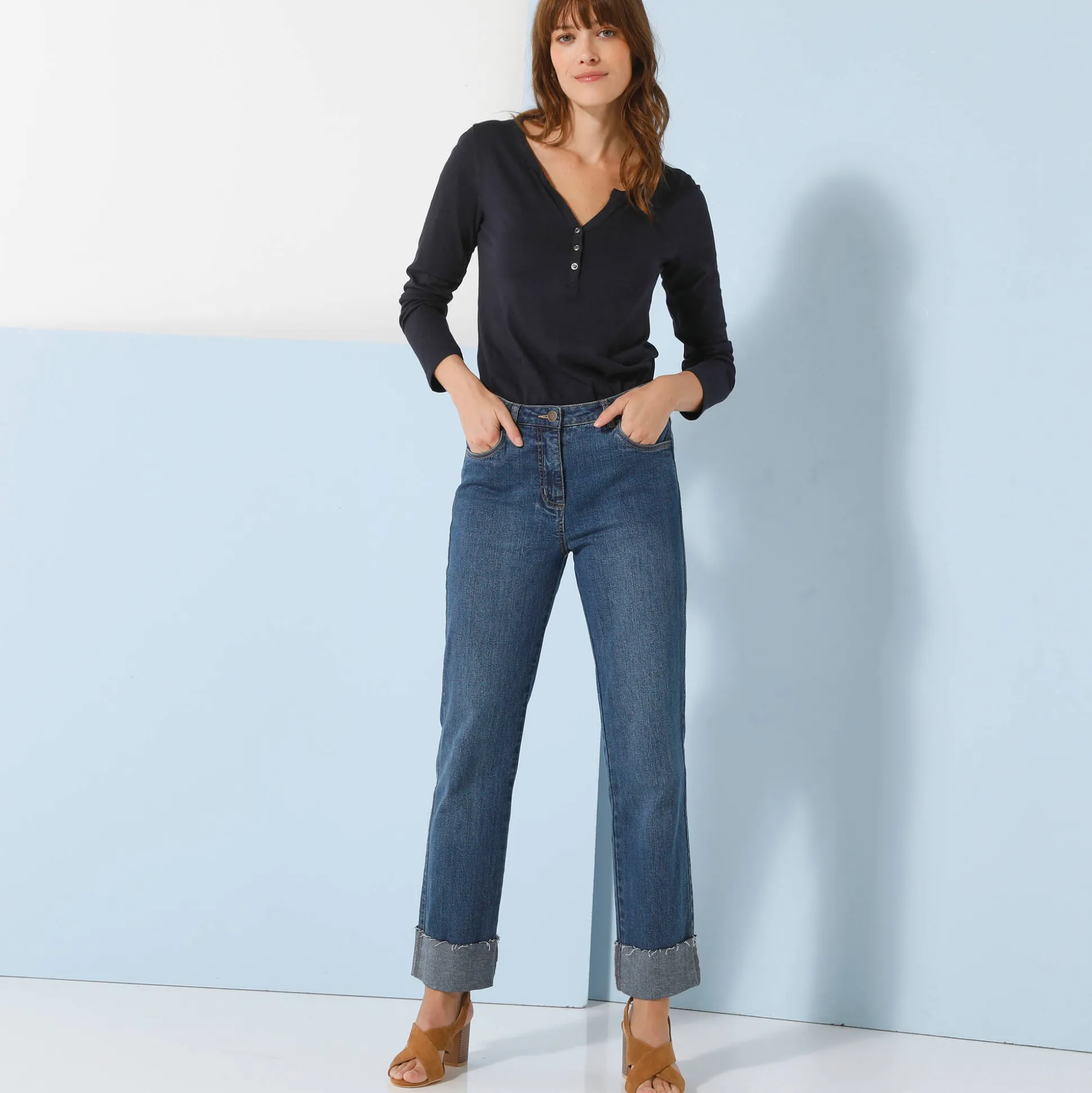 T-shirt met Tunesische hals en lange mouwen, effen