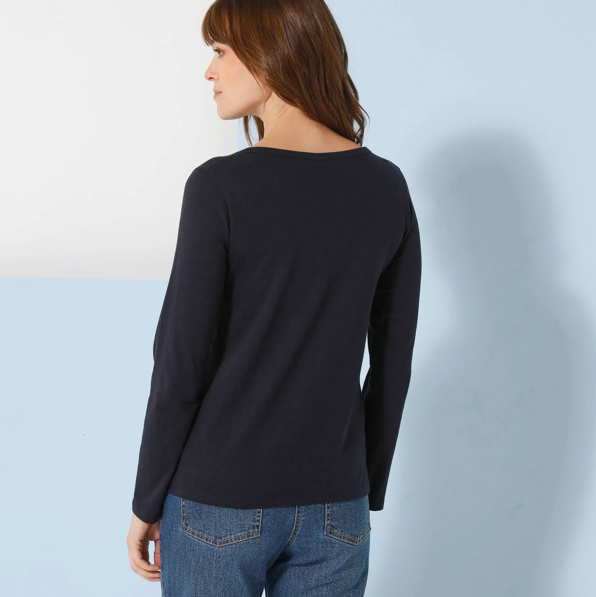 T-shirt met Tunesische hals en lange mouwen, effen