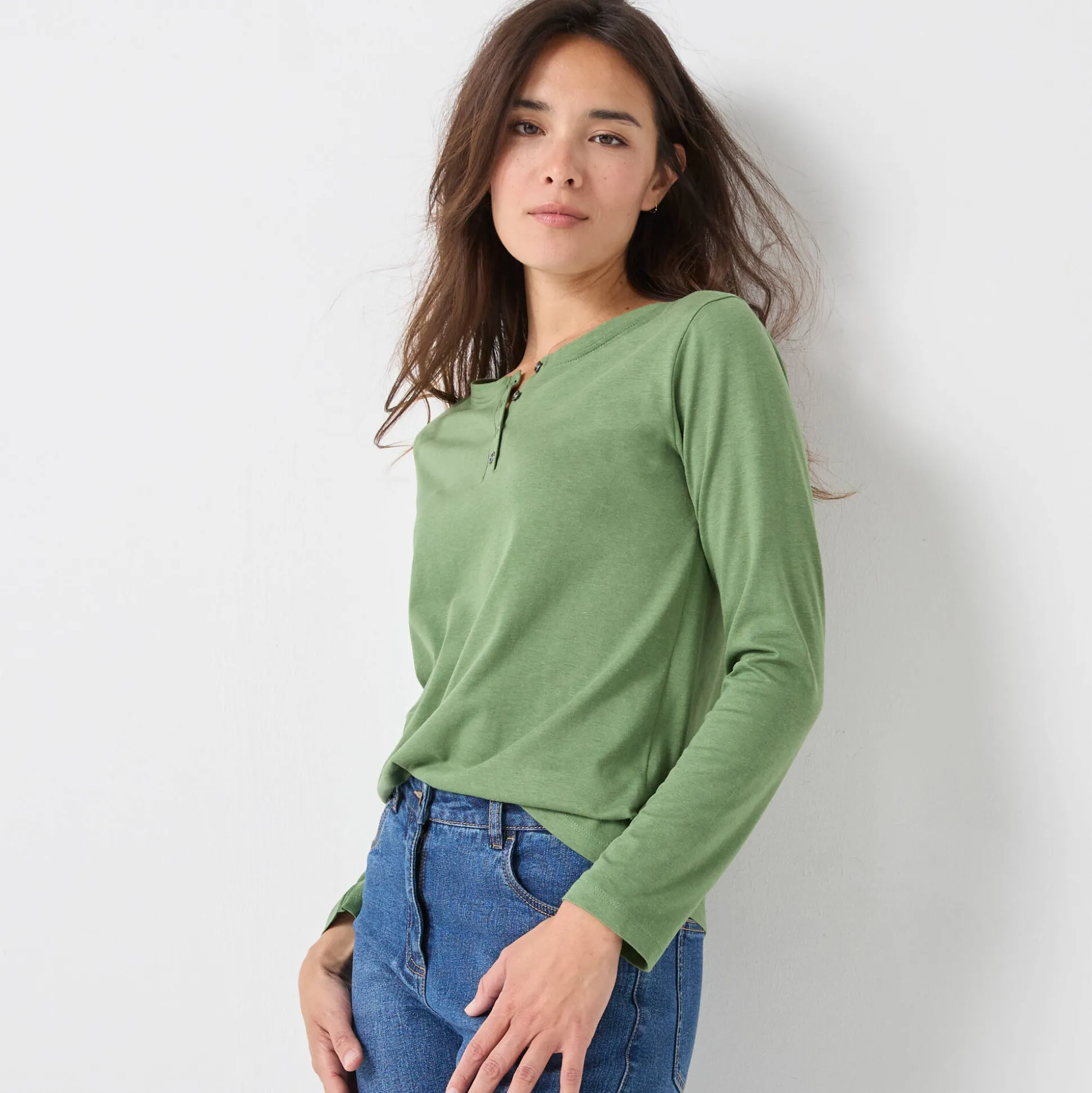 T-shirt met Tunesische hals en lange mouwen