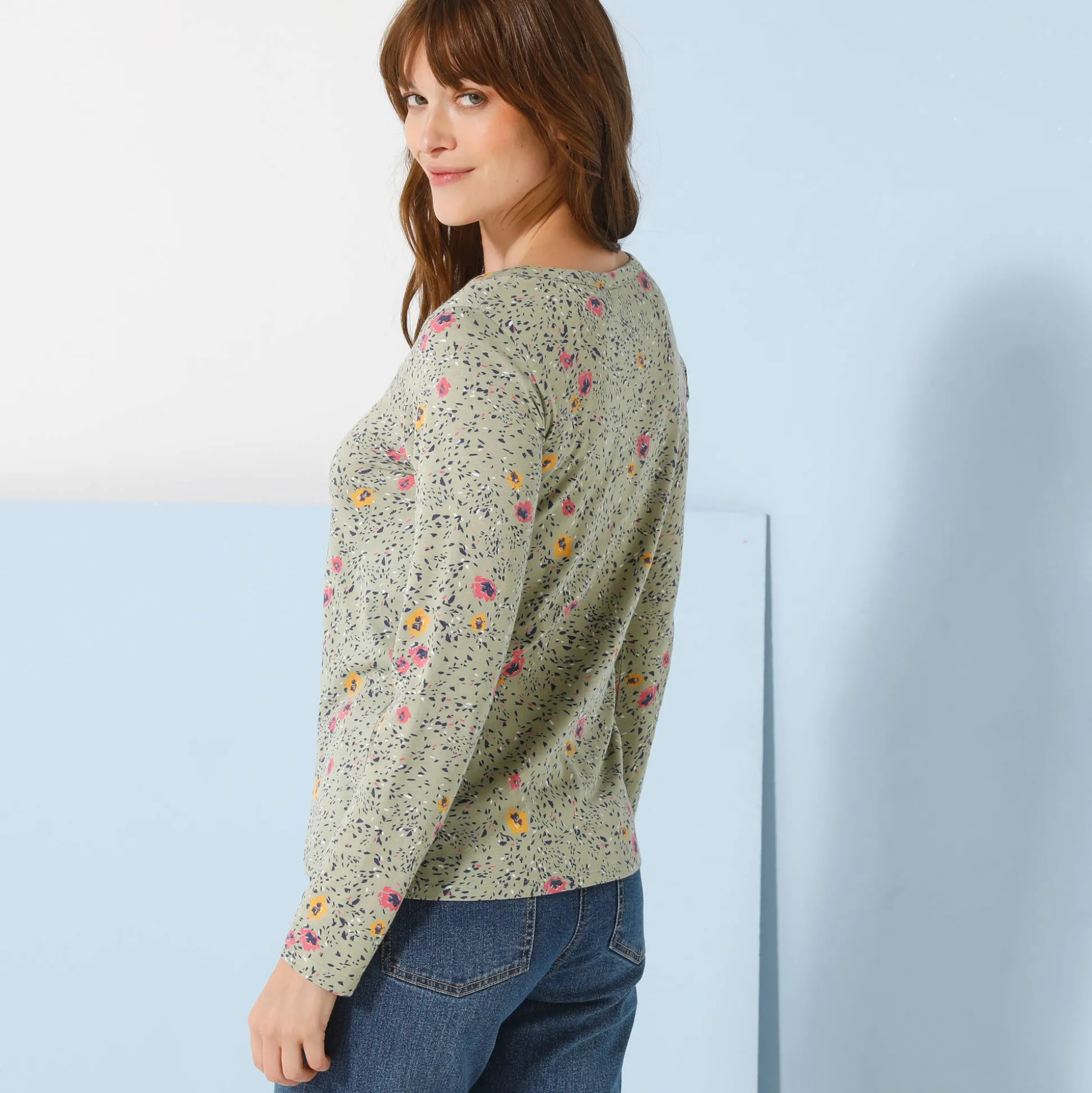 T-shirt met Tunesische hals en lange mouwen, bedrukt