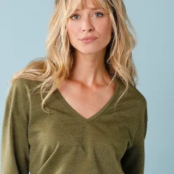 T-shirt met V-hals en glansdraad, kleine lengtes