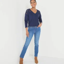 T-shirt met V-hals en lange mouwen in kant