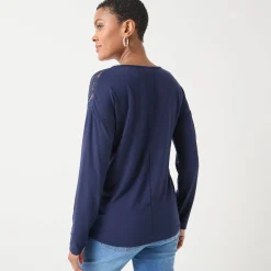 T-shirt met V-hals en lange mouwen in kant