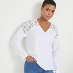 T-shirt met V-hals en lange mouwen in kant
