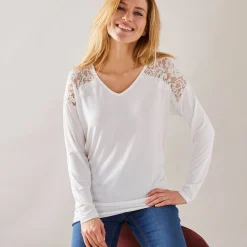 T-shirt met V-hals en lange mouwen, kant