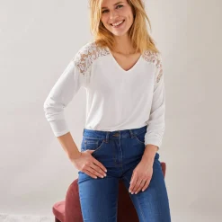 T-shirt met V-hals en lange mouwen, kant