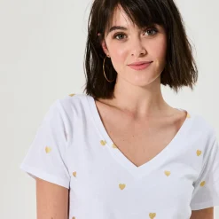 T-shirt met V-hals, goudkleurige hartjesprint