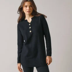 Tunic sweater with Tunisian collar, fancy knit
