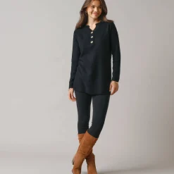 Tunic sweater with Tunisian collar, fancy knit
