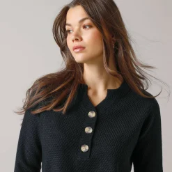 Tunic sweater with Tunisian collar, fancy knit