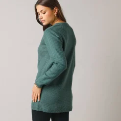Tunic sweater with Tunisian collar, fancy knit