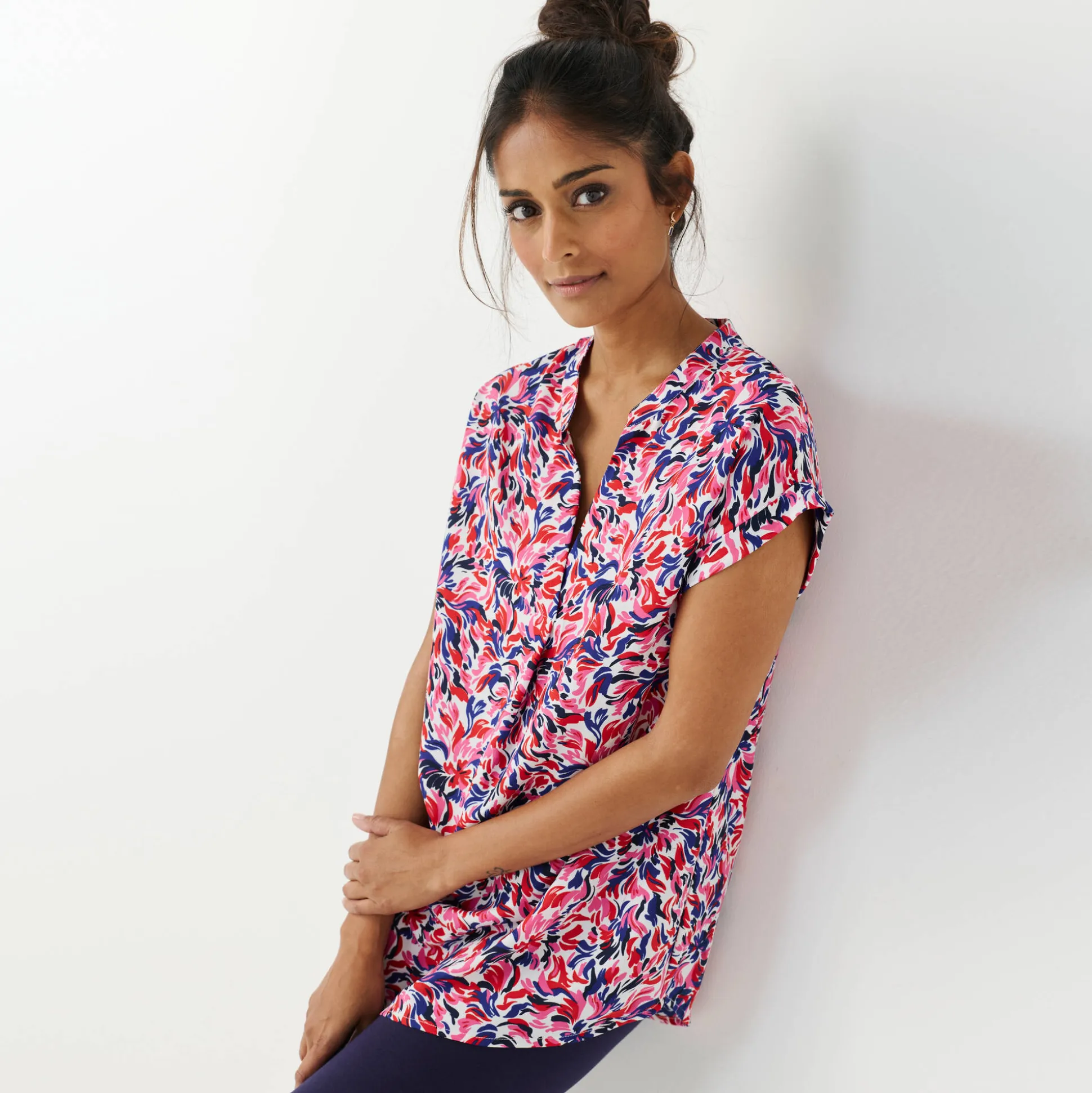 Tuniek met mouwomslagen, veelkleurige print