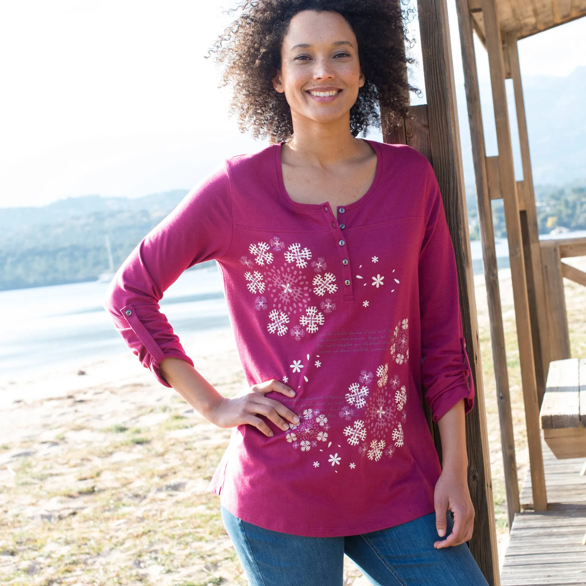 Tuniek met Tunesische hals en lange mouwen, geplaatste print