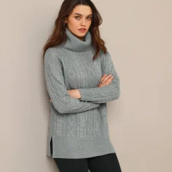 Tuniektrui in kabeltricot met rolkraag