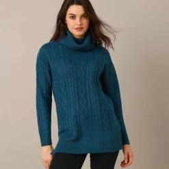 Tuniektrui in kabeltricot met rolkraag