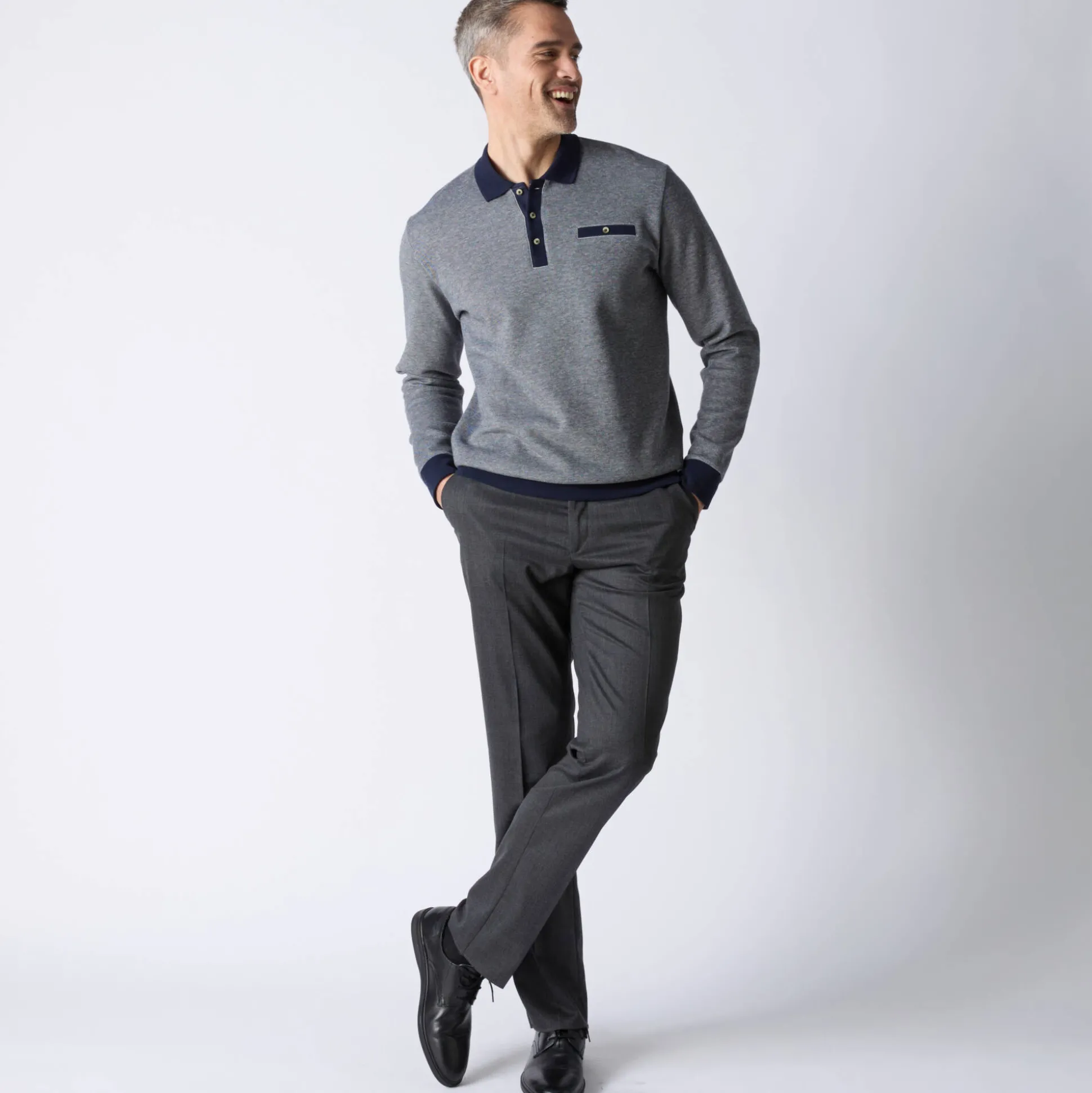 Tweekleurige polo in warm tricot, lange mouwen