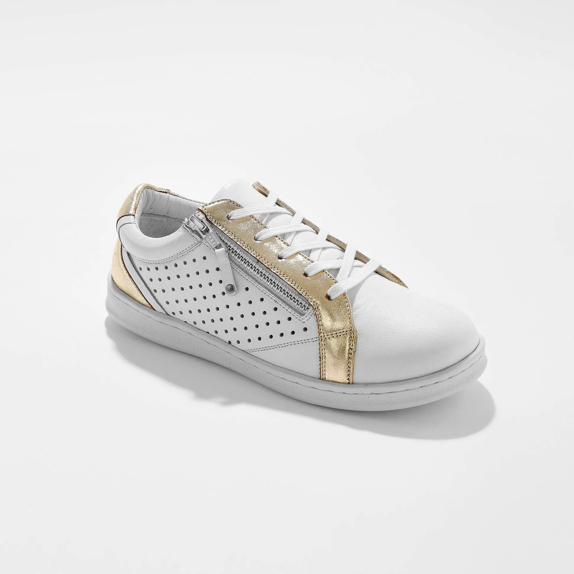 Tweekleurige sneakers in geperforeerd leer met rits