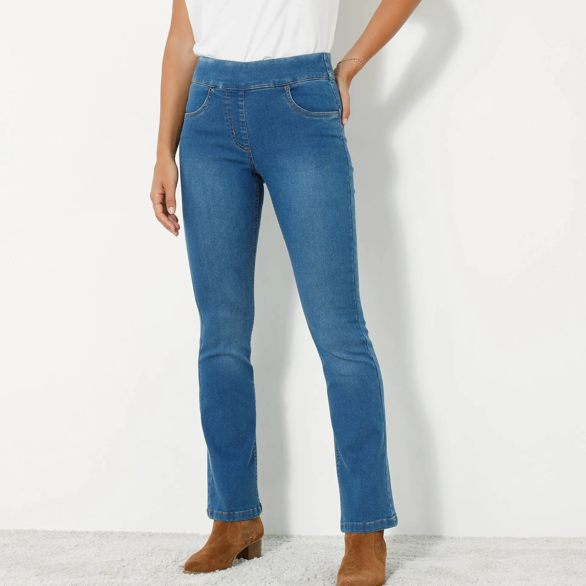 Ultracomfortabele bootcutjeans, tricot met denimeffect, kleine lengte