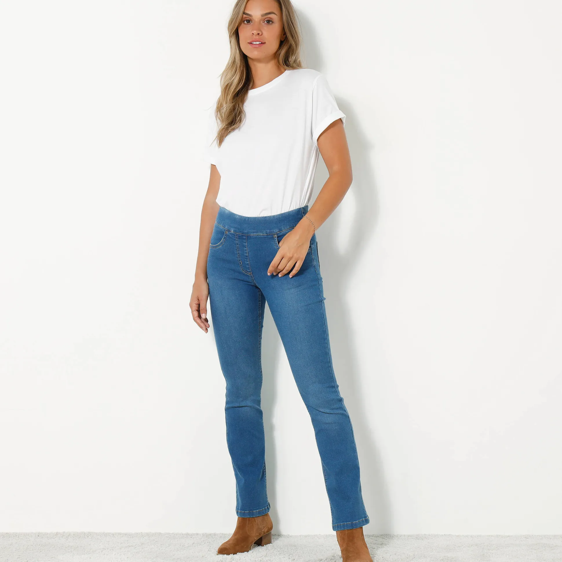 Ultracomfortabele bootcutjeans, tricot met denimeffect, kleine lengte