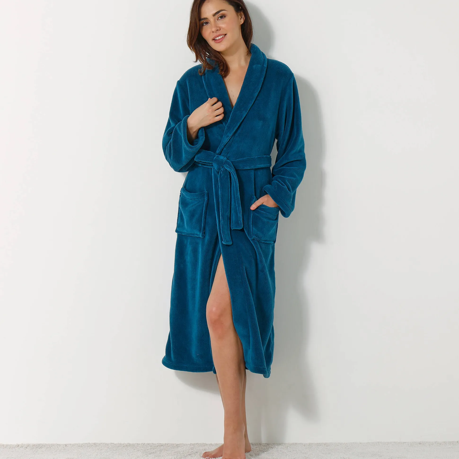 Unisex badjas, volwassenen, met sjaalkraag, microvezel met pluchetouch