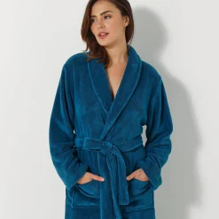 Unisex badjas, volwassenen, met sjaalkraag, microvezel met pluchetouch