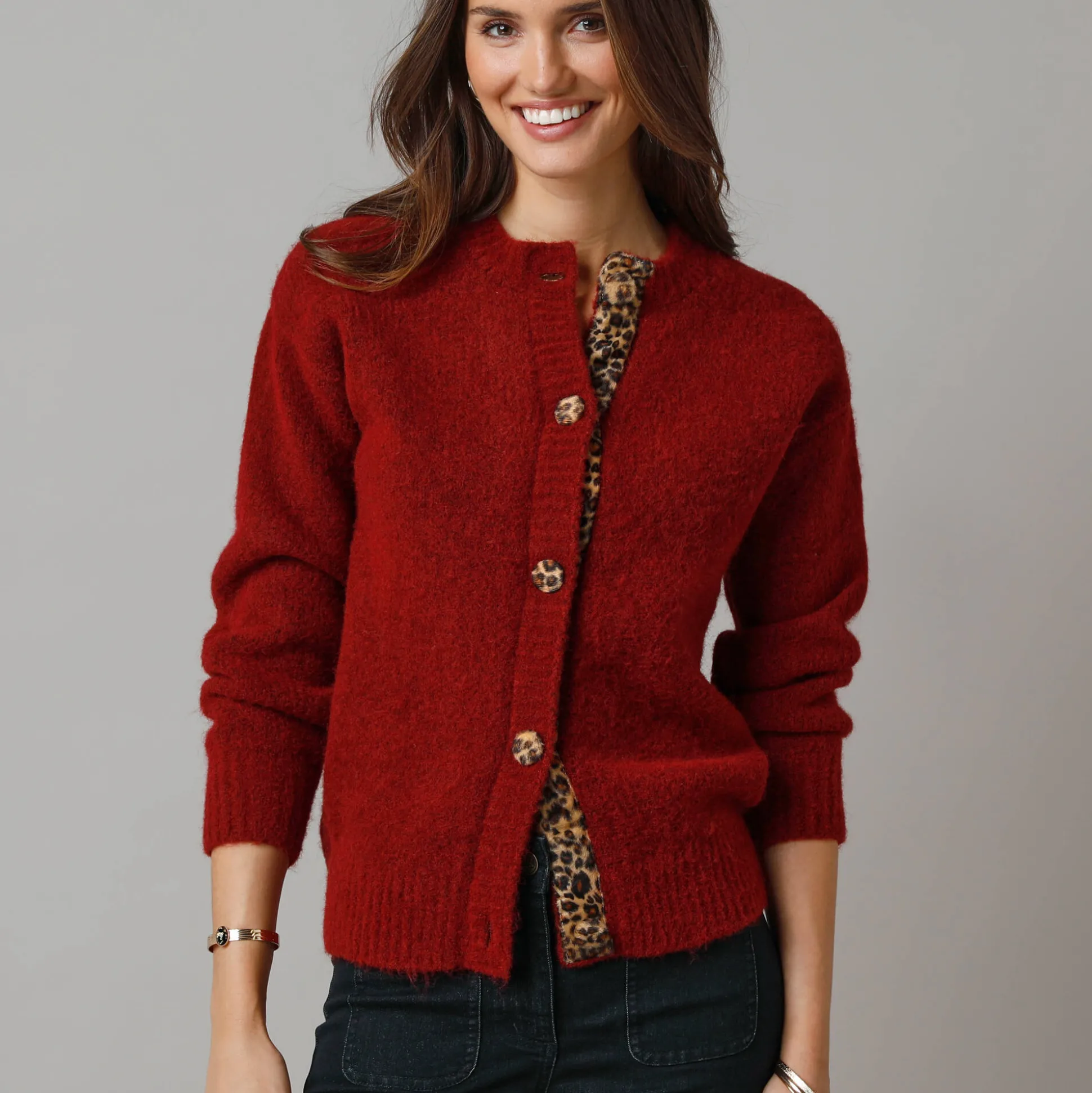 Vest in zacht tricot van wolmix, details met luipaardprint