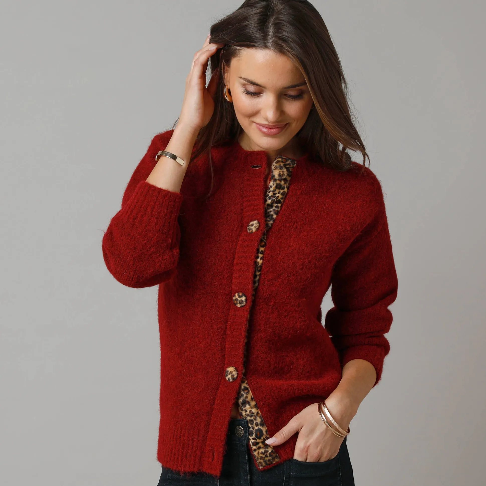 Vest in zacht tricot van wolmix, details met luipaardprint