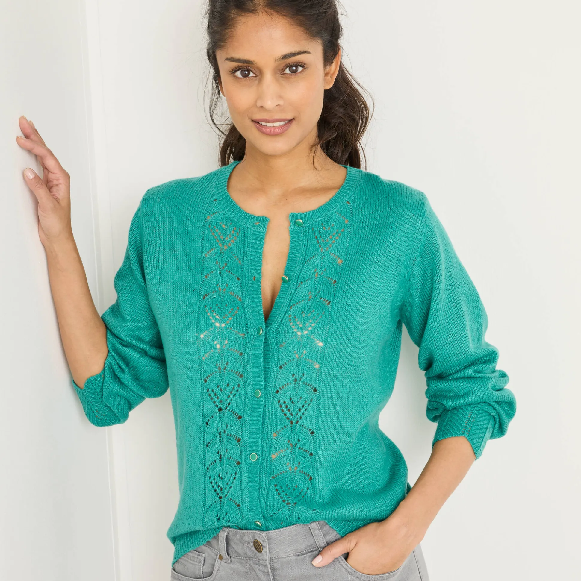 Vest met knopen, ajourtricot