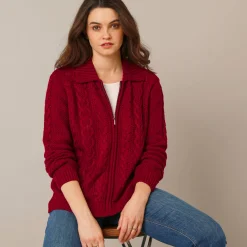 Vest met rits en polokraag, kabeltricot