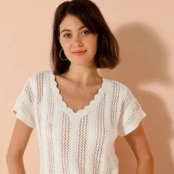 V-halstrui met korte mouwen, ajourtricot
