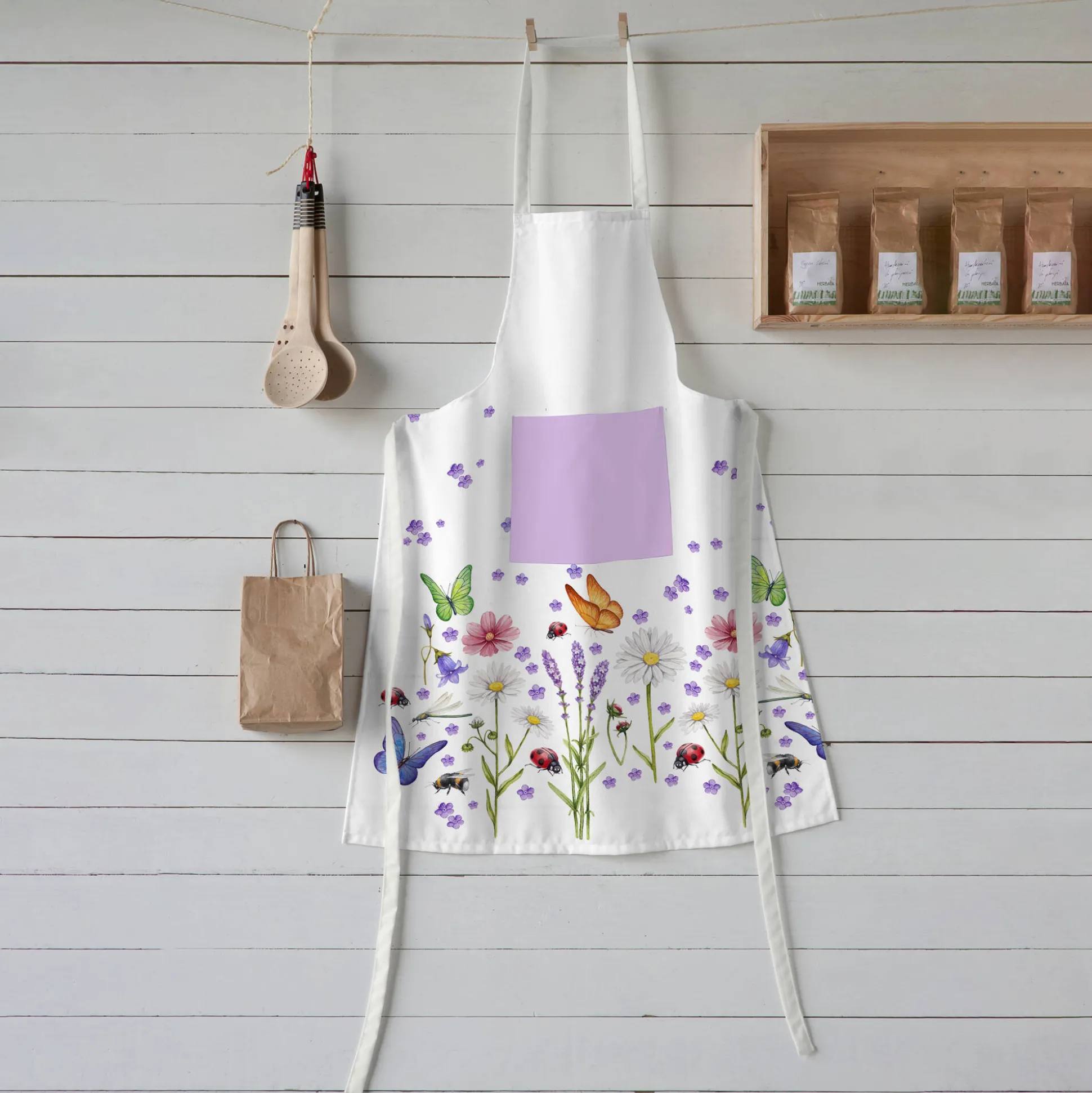 Vlekwerende bavetschort met lavendel- en vlinderprint